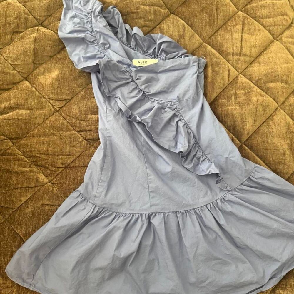 ASTR The Label One Shoulder Ruffle Mini Dress Blue XS